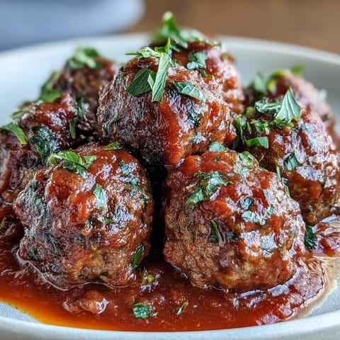 Slow cooker meatballs in rich tomato sauce, juicy and tender, perfect for easy entertaining or family dinners.  