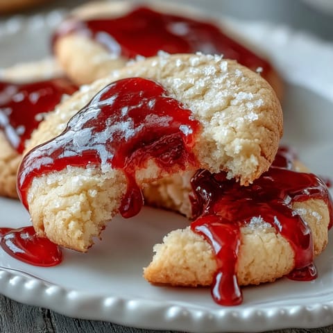 Soft, buttery sugar cookies featuring two realistic vampire bite marks filled with shiny red icing for a creepy, delicious treat.  