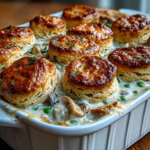 A golden biscuit-topped creamy chicken pot pie with tender chicken and vegetables in a rich, savory sauce.
