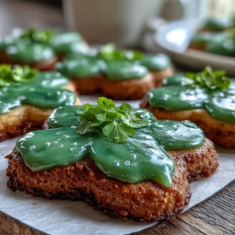 Festive shamrock-shaped sugar cookies decorated with smooth green royal icing, perfect for St. Patrick's Day celebrations.  
