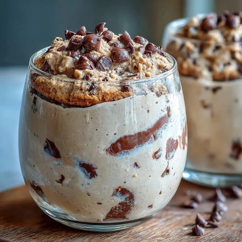 Creamy protein-packed overnight oats with cookie dough flavors, chocolate chips, and almond butter in a jar.
