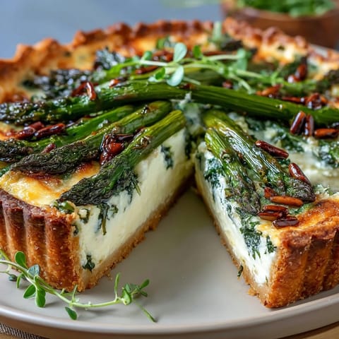 Spring Asparagus Tart with Puff Pastry: A golden, flaky tart filled with creamy cheese, fresh asparagus, and herbs, perfect for a light spring meal or elegant appetizer.