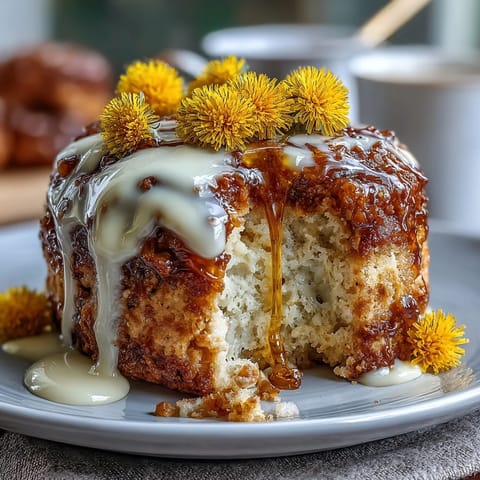 Spring brunch scones with dandelion honey, topped with clotted cream, on a floral plate.