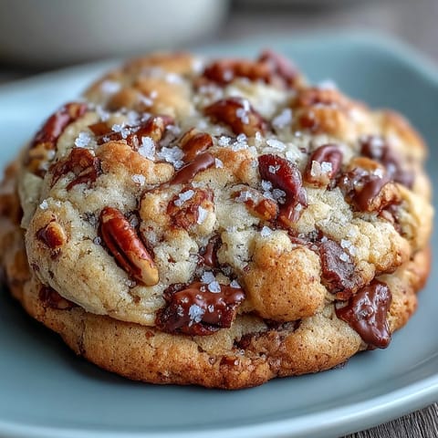 Golden brown butter pecan cookies with toasted nuts and a sprinkle of flaky sea salt, ready to serve.