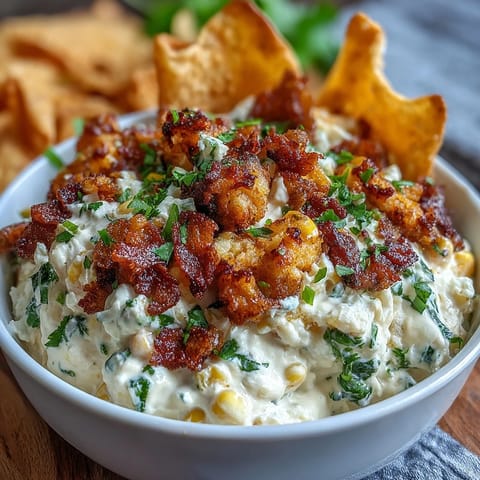 Creamy elote dip with charred corn and cotija cheese served with crispy tortilla chips.