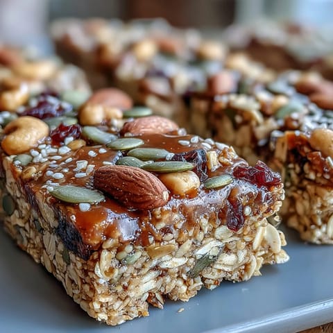 1. Nut-free granola bars with honey and oats, packed with chewy dried fruit and crunchy seeds, ready for a wholesome snack.
