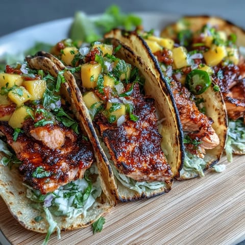 Grilled salmon tacos with mango salsa served on warm corn tortillas, topped with crunchy red cabbage and fresh cilantro.