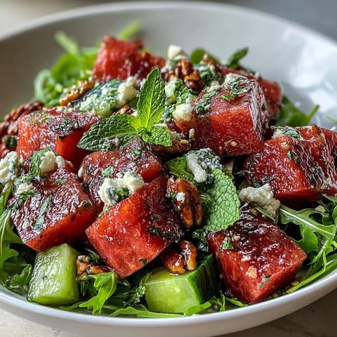 Vibrant watermelon and arugula salad with creamy feta, fresh mint, and zesty lime dressing for a refreshing summer meal.