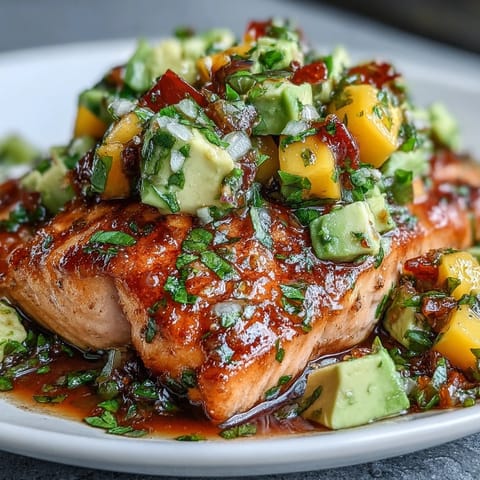 Baked salmon fillet topped with vibrant mango avocado salsa and fresh cilantro.