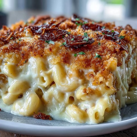 Creamy baked mac and cheese with golden panko topping, served hot from the oven as a comforting side dish.