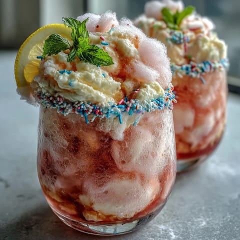 Whimsical cotton candy lemonade float with vanilla ice cream, cotton candy swirls, and fresh mint garnish.