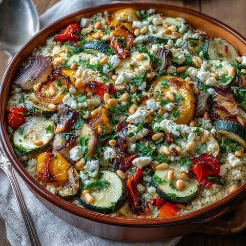 Roasted Veggie & Feta Couscous Bake featuring colorful bell peppers and zucchini roasted until caramelized.