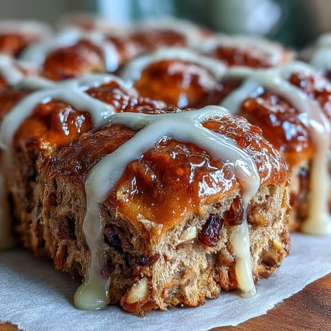 Soft, spiced hot cross buns with orange glaze, currants glistening under a glossy finish, perfect for Easter brunch.