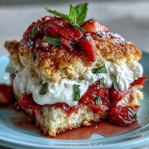 Fluffy biscuits layered with sweet strawberries and fresh basil, topped with whipped cream for a refreshing twist on classic shortcake.