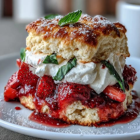 Golden shortcake biscuits filled with juicy strawberries, basil, and citrus, finished with a cloud of homemade whipped cream.