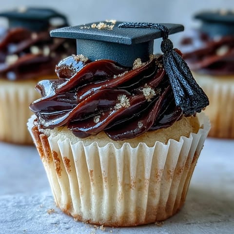 A batch of vanilla graduation cupcakes with black and gold fondant caps, perfect for celebrating academic milestones.  
