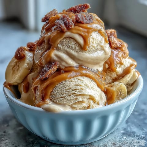 Creamy peanut butter banana ice cream with swirls of rich nut butter and natural sweetness.  
