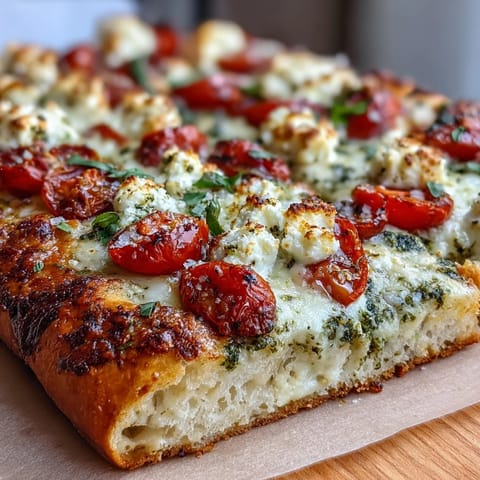 A golden cottage cheese flatbread topped with vibrant basil pesto and juicy cherry tomatoes, garnished with fresh basil leaves.