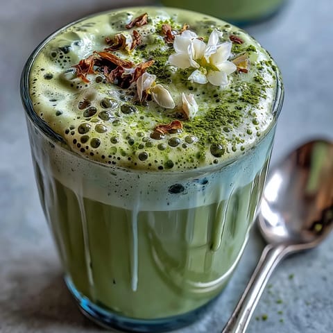 Iced matcha latte with vanilla cold foam in a tall glass, layered with green tea and milk, topped with silky foam.