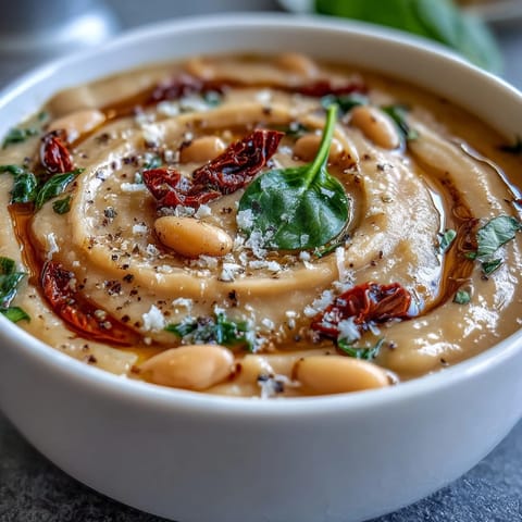 Creamy Tuscan White Bean Soup with tender spinach and sun-dried tomatoes in a rich, comforting broth.  