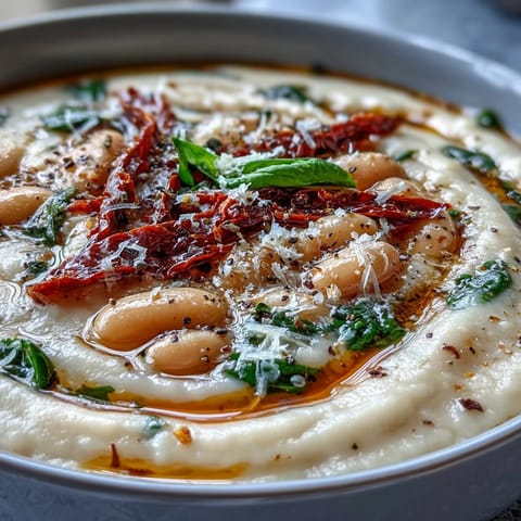 A hearty vegetarian soup featuring cannellini beans, garlic, and Italian herbs, topped with fresh basil and Parmesan.  