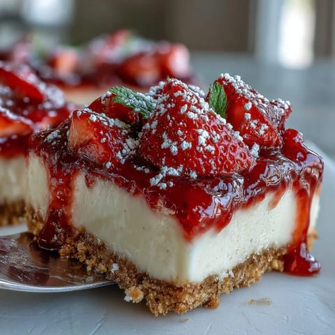 Creamy no-bake strawberry cheesecake bars with a buttery graham cracker crust and fresh berry topping.