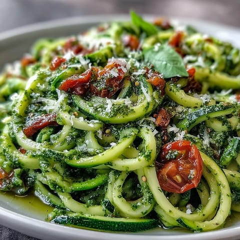 A vibrant bowl of zucchini noodles tossed with fresh basil pesto and juicy cherry tomatoes, topped with shaved Parmesan and cracked black pepper.