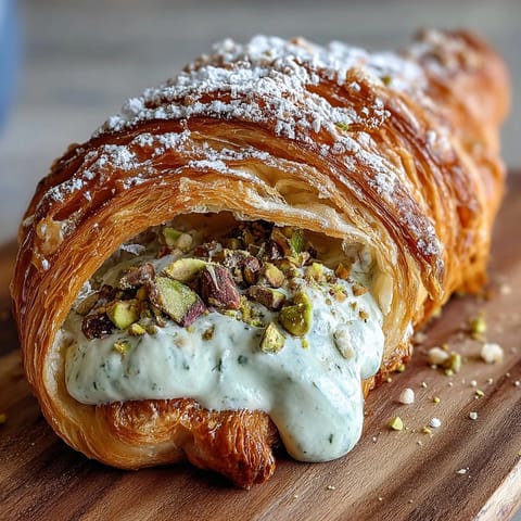Luxurious pistachio cream-filled croissant, flaky pastry layered with rich, nutty filling and topped with chopped pistachios.