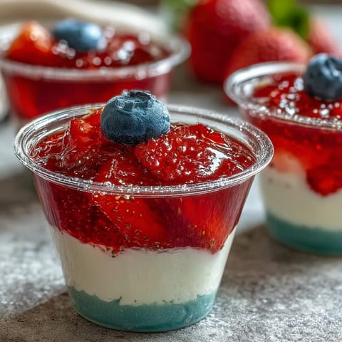 Red, white, and blue 4th of July Firecracker Jello Shots layered perfectly.