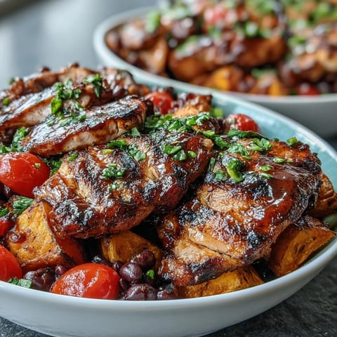 Hearty BBQ chicken meal prep bowls featuring sweet potato and black beans.