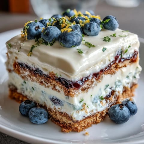 Savor this no-bake Lemon Blueberry Icebox Cake, perfectly layered with zesty cream and sweet berries.