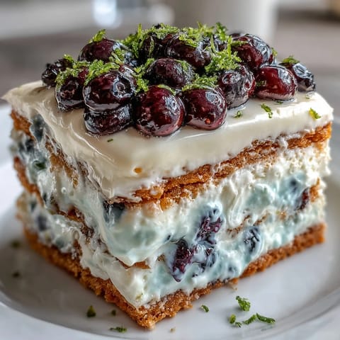 Lemon Blueberry Icebox Cake: tangy lemon cream meets bursting blueberries in a chilled graham cracker dream.