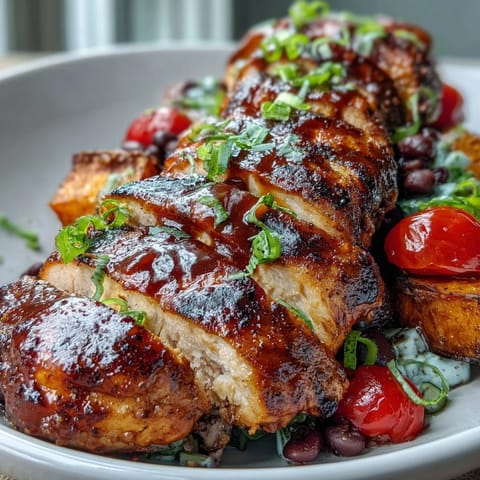 Flavorful BBQ chicken bowls with sweet potato, fresh veggies, and beans.