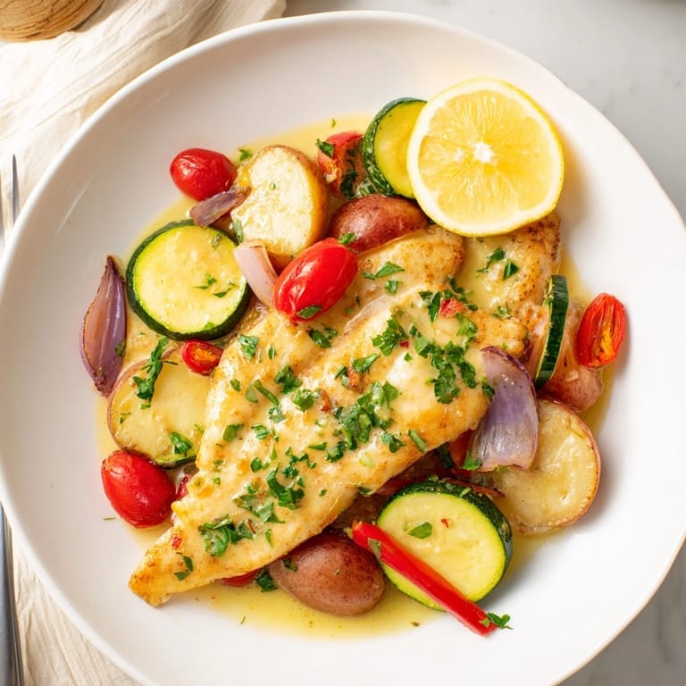 Quick and healthy lemon butter tilapia sheet pan recipe: perfect weeknight pescatarian meal.