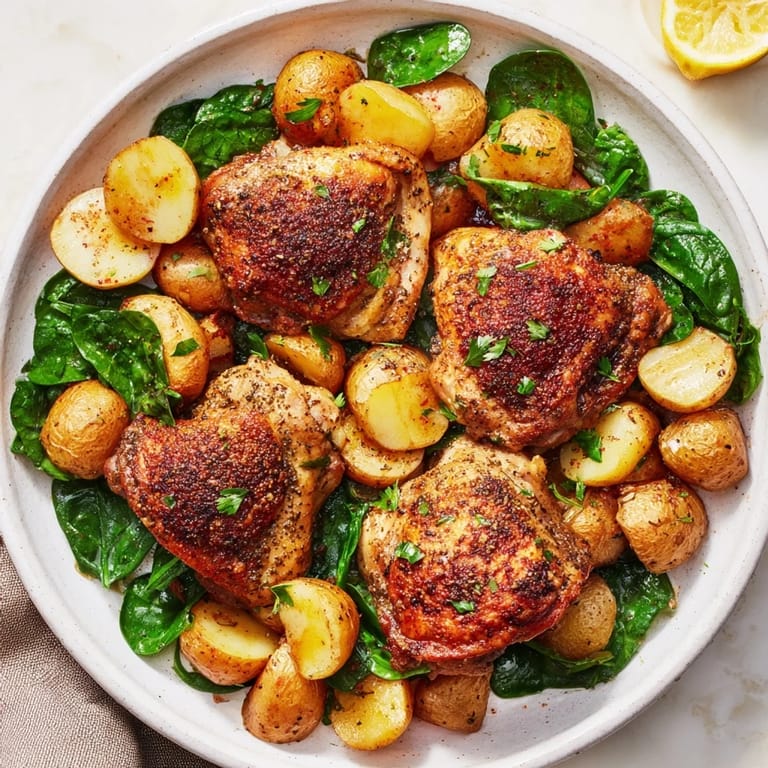 A close up shows the delicious Pan-Roasted Chicken sizzling in a pan with herbs and golden roasted potatoes.