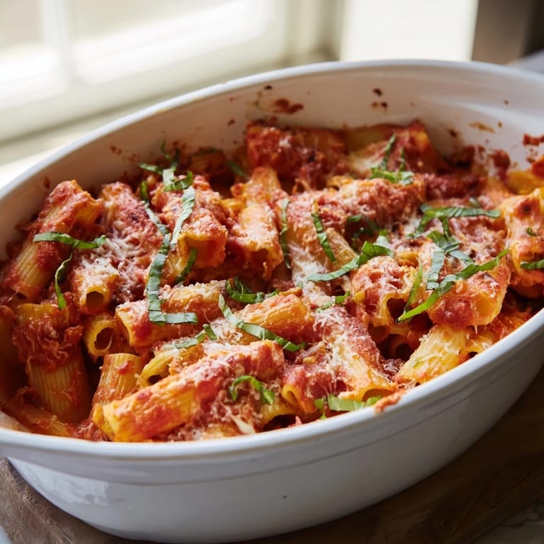 A warm, comforting bowl of slow cooker baked ziti, ready to serve with a sprinkle of fresh herbs.