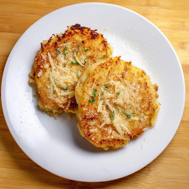A stack of freshly fried Simple Garlic Mashed Potato Cakes with melted cheese and fresh green onion garnish.