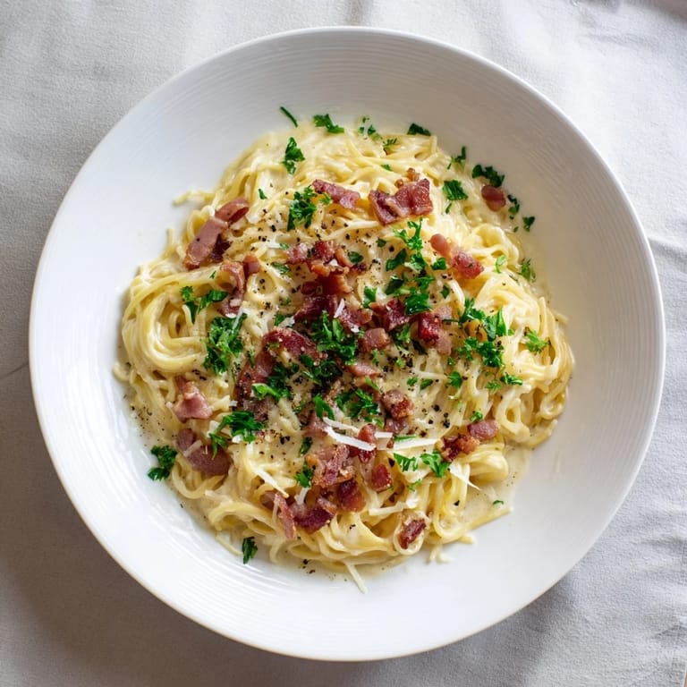 A steaming bowl of Instant Pot Carbonara Ramen, with rich egg yolk sauce and fresh parsley garnish.