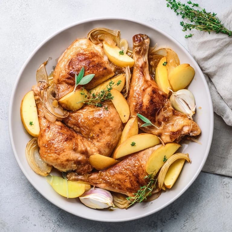 A close-up of delicious Easy Cider-Glazed Chicken Thighs, perfectly baked with a glossy, sweet cider sauce.