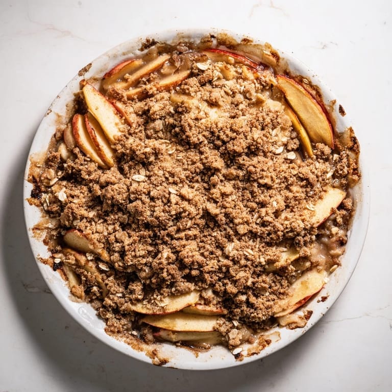 This close-up shows a comforting slice of delicious warm cinnamon oat apple crisp.