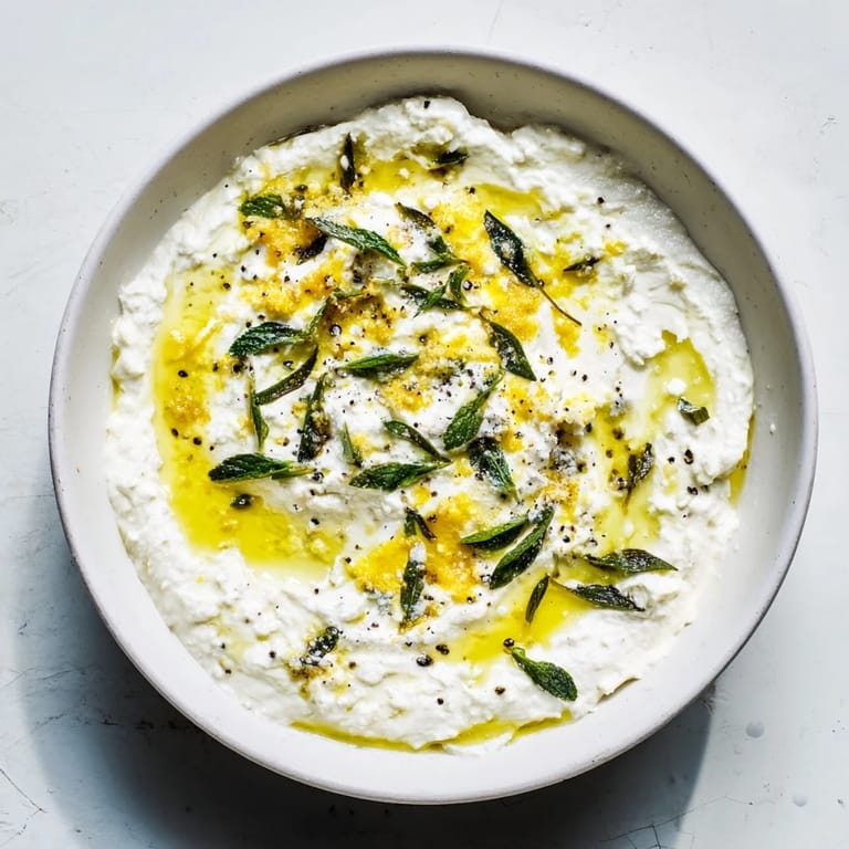 A beautiful close-up of the easy whipped feta dip, ready to be served with pita chips.