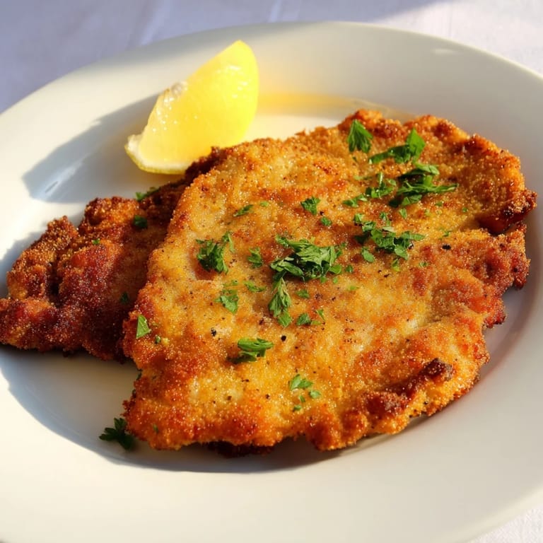 Delicious, breaded Air Fryer Wiener Schnitzel with a crunchy crust sits ready to be enjoyed.