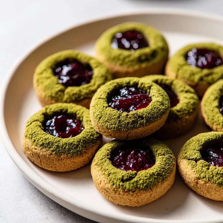 Buttery, golden matcha cranberry shortbread thumbprint cookies, arranged on a cooling rack for serving.
