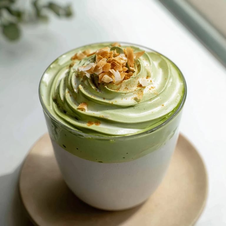 Golden toasted coconut sprinkled on a vibrant green Toasted Coconut Gingerbread Iced Matcha.