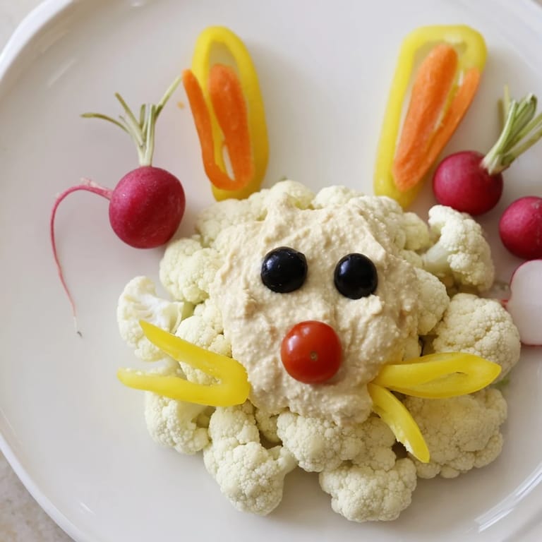 Vivid image of a Bunny Meadow Veggie Board, with a fresh veggie bunny and colorful vegetable arrangement for easy snacking.