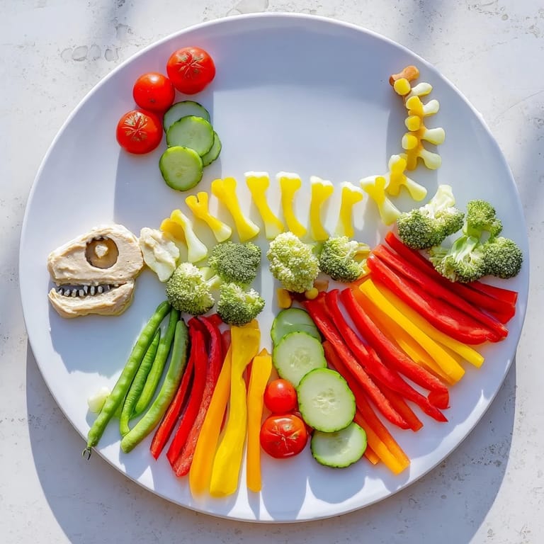 Freshly cut Dino-Mite Dinosaur Fossil Crudités display, featuring cucumber fossils next to cherry tomato "eggs" and hummus.