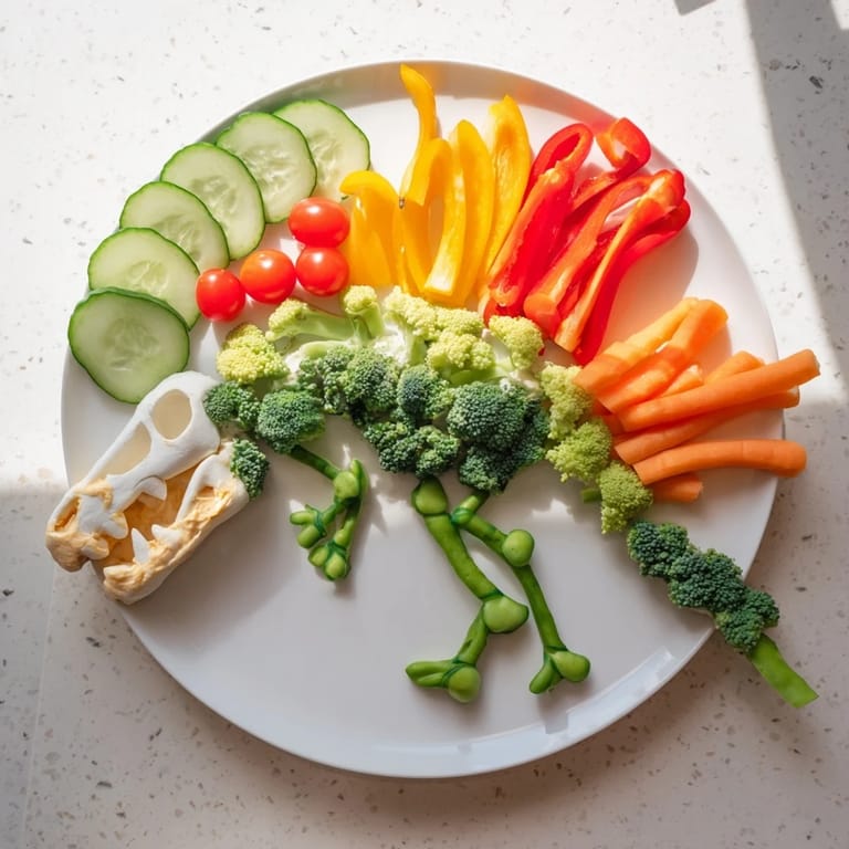 Vibrant Dino-Mite Dinosaur Fossil Crudités arrangement, showcasing cauliflower and broccoli as fossilized bones surrounding the dip.