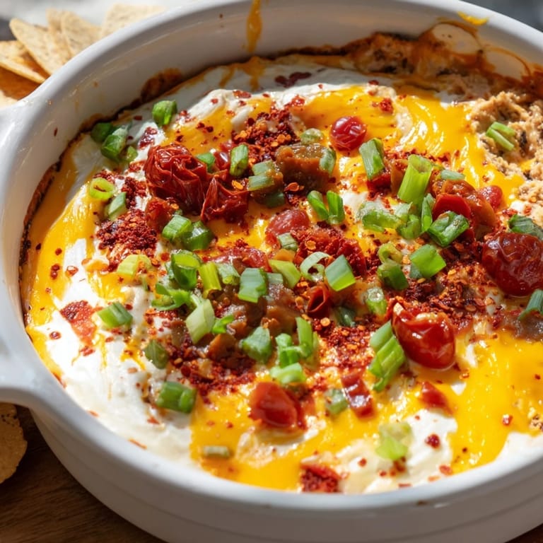 The savory Lava Flow Volcano Dip platter with cheese "lava," surrounded by crispy chips and cooked sausage.