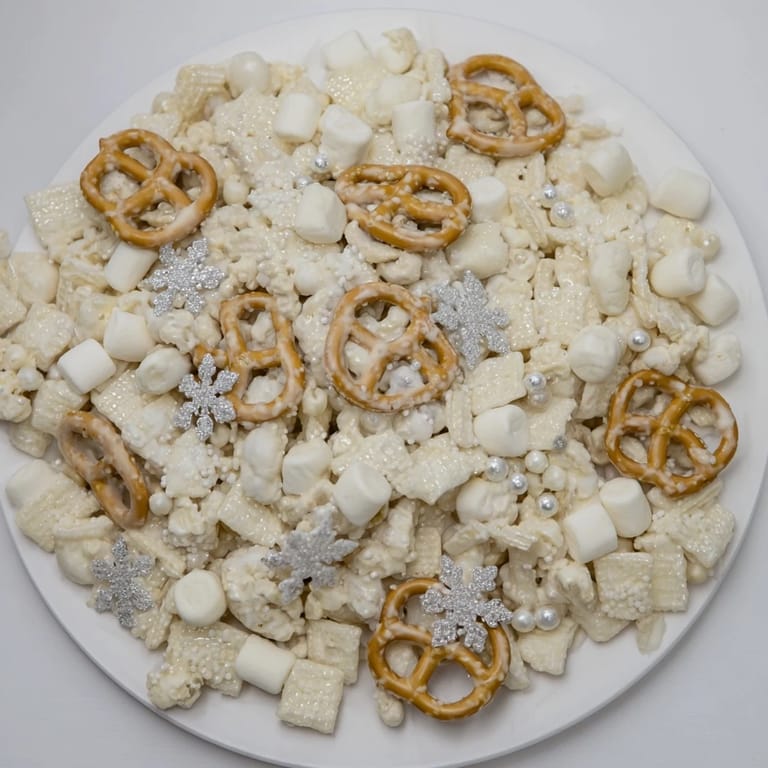 Delicious Ski Season Snowflake Snack Mix with sweet white chocolate and crunchy pretzels, ideal for winter gatherings.