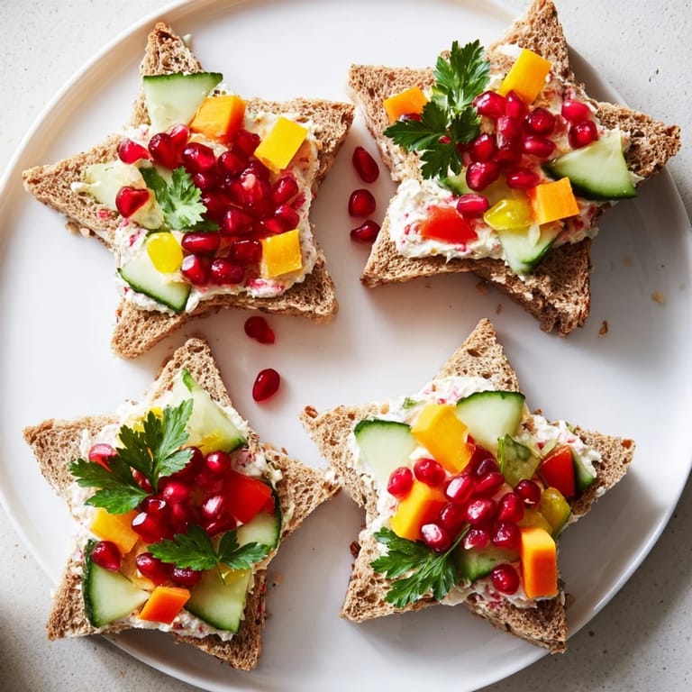 Playful Crown Jewels Star-Shaped Sandwiches, featuring colorful, diced vegetables layered in creamy cheese, perfect for kids.